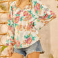 Notch V Neck Floral Pleated Puff Sleeve Blouse