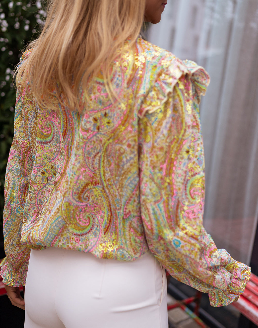 Yellow Paisley Print Ruffled Trim Boho Shirt