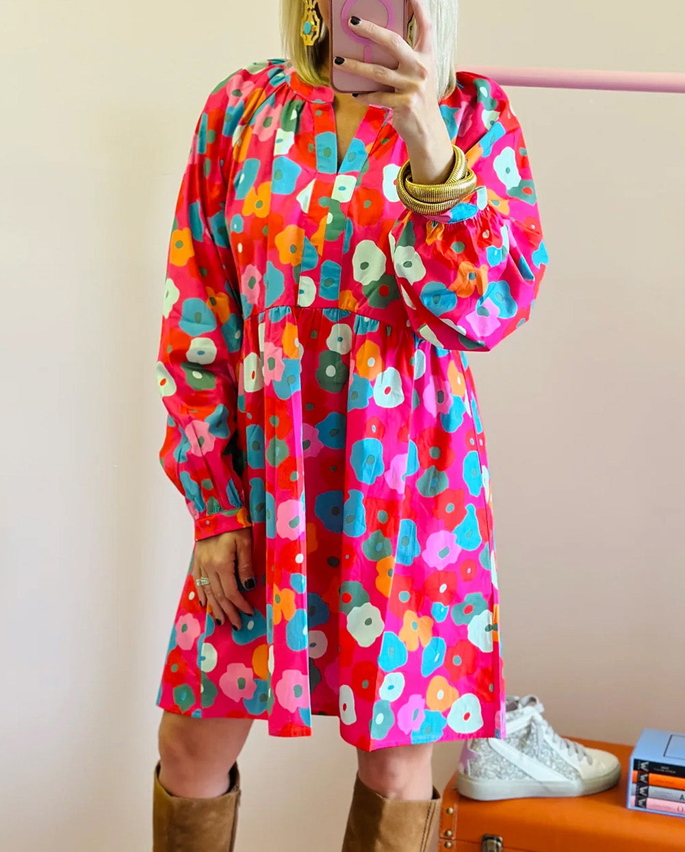 Multicolor Floral Split Neck Flowy Dress