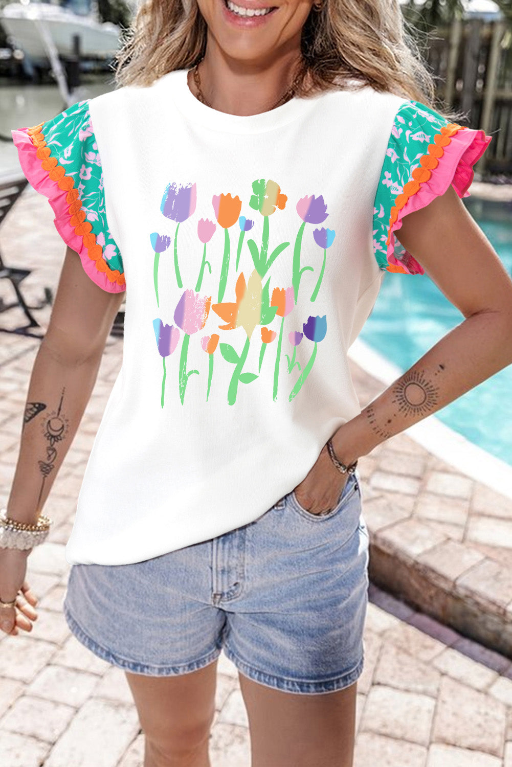 Floral Print Ruffled Flutter Sleeve T Shirt