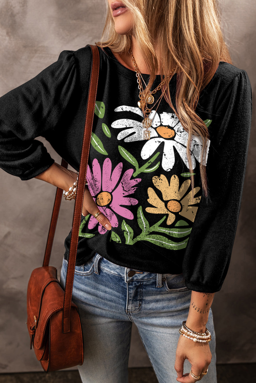 Flower Print Bracelet Sleeve Round Neck Top
