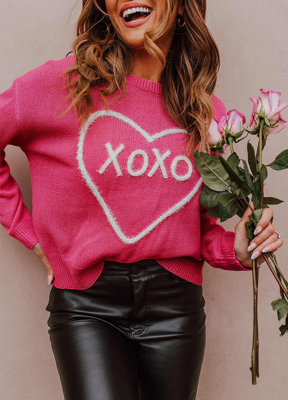 Heart XOXO Pattern Drop Shoulder Rib Knit Sweater