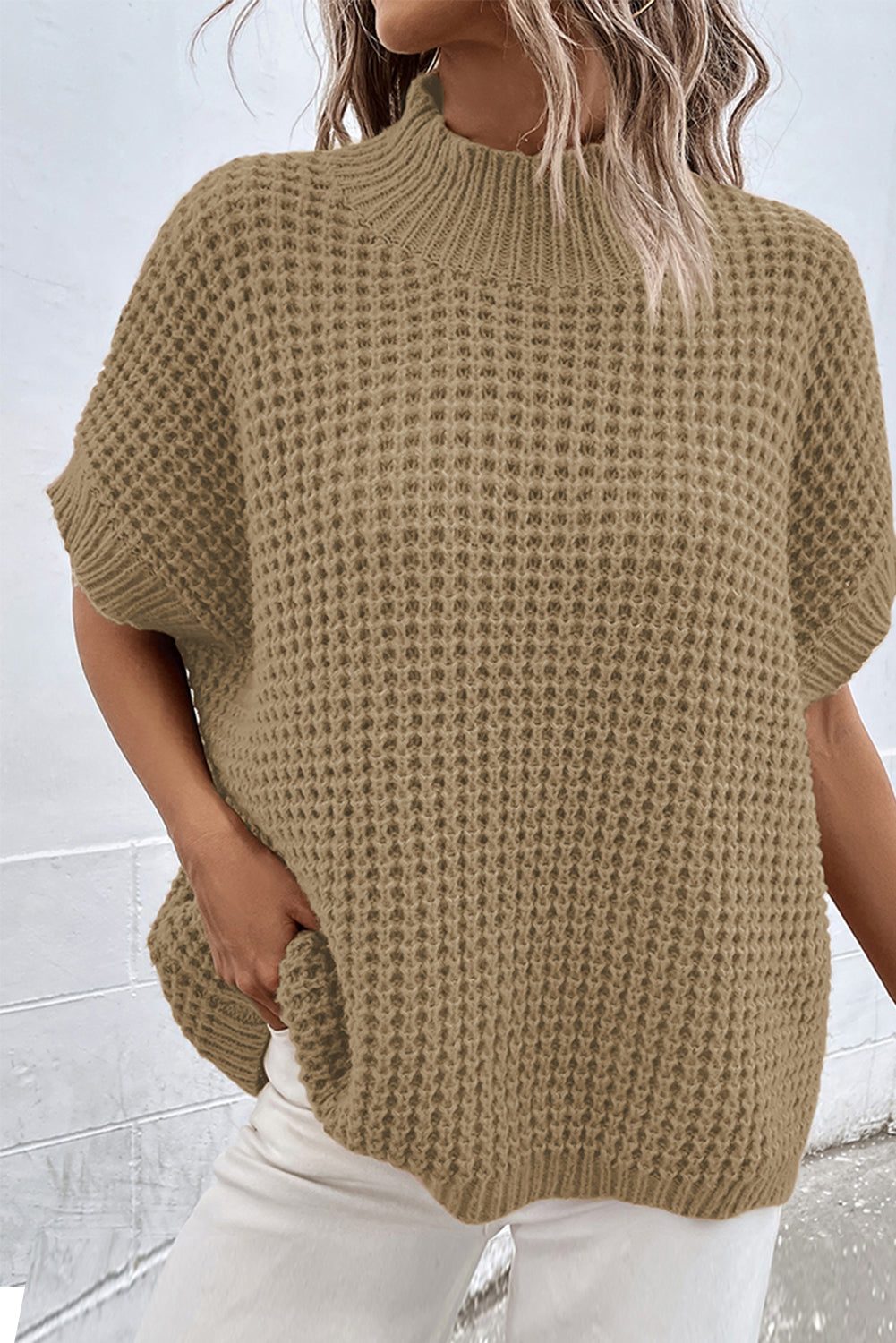 High Neck Short Batwing Sleeve Textured Knit Sweater
