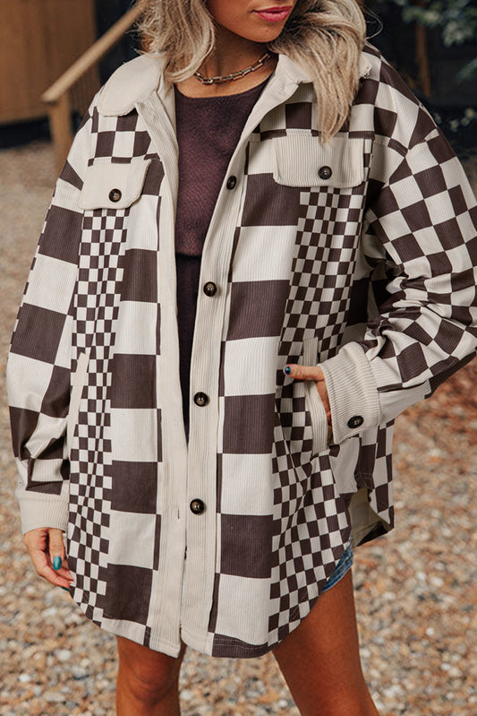 Checkered Print Patchwork Corduroy Shacket