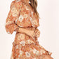 Camel Lace up Split Neck Tunic Floral Dress