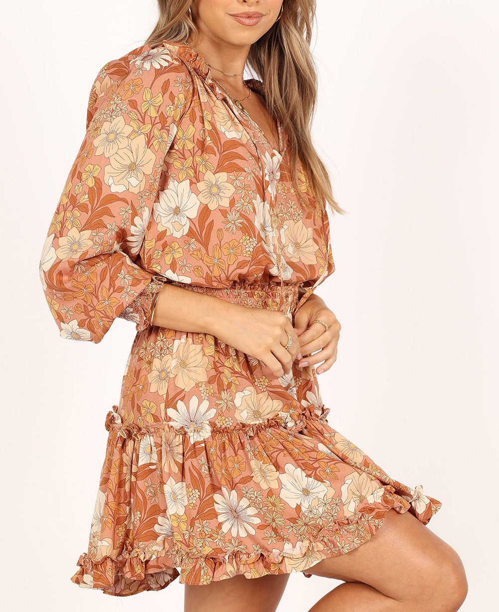 Camel Lace up Split Neck Tunic Floral Dress