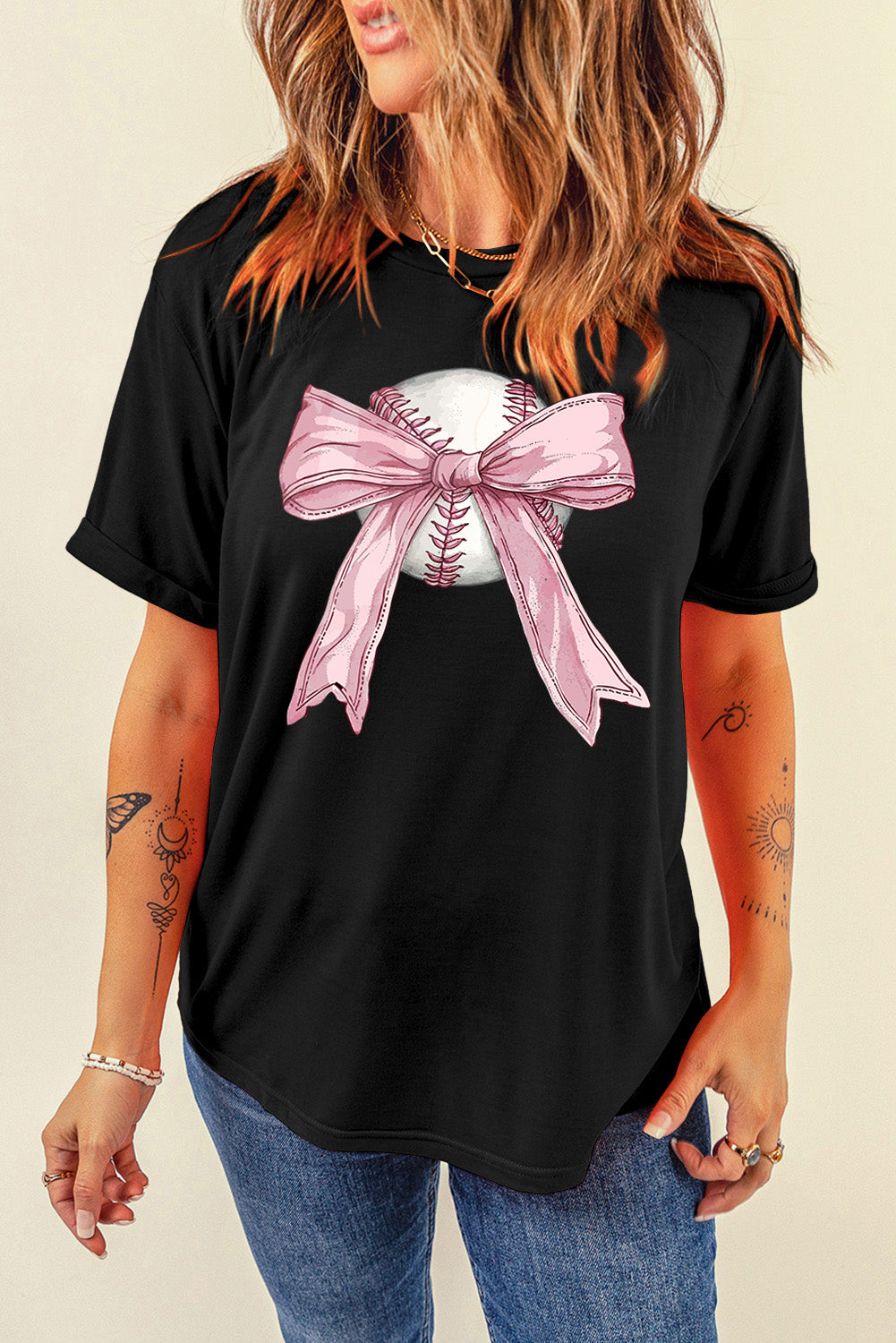 Baseball Bow Knot Print Round Neck T Shirt