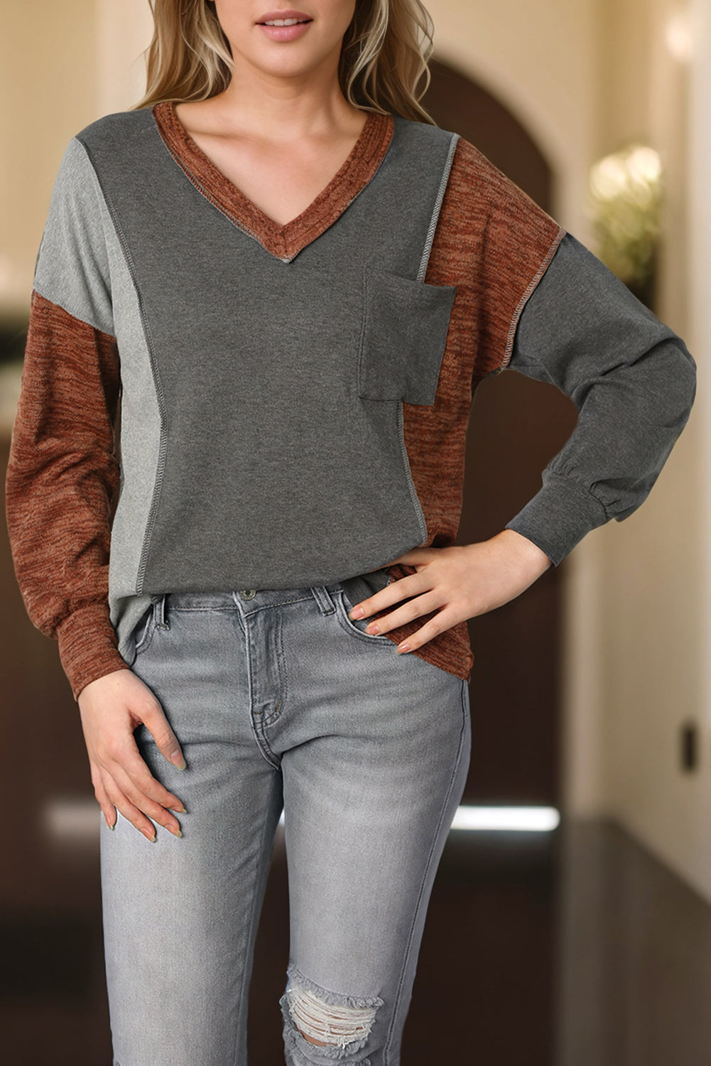 V Neck Color Block Patchwork Loose Pullover