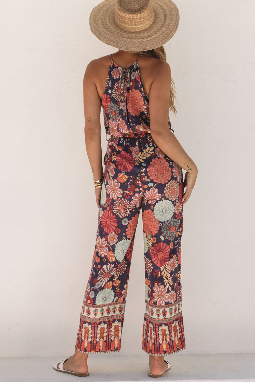 Floral Print Frill Halterneck Wide Leg Jumpsuit