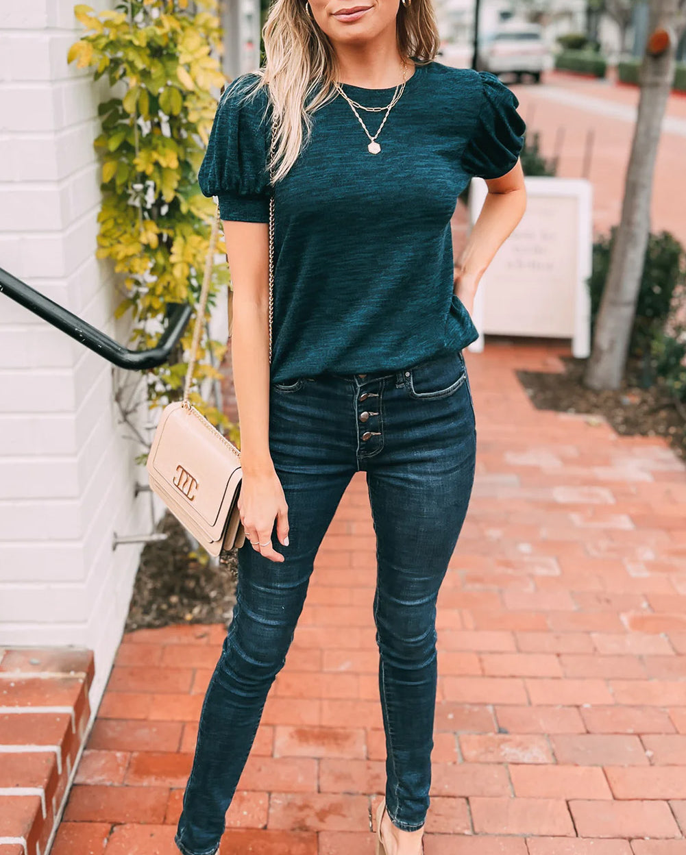 Sapphire Solid Button Back Puff Short Sleeve Top