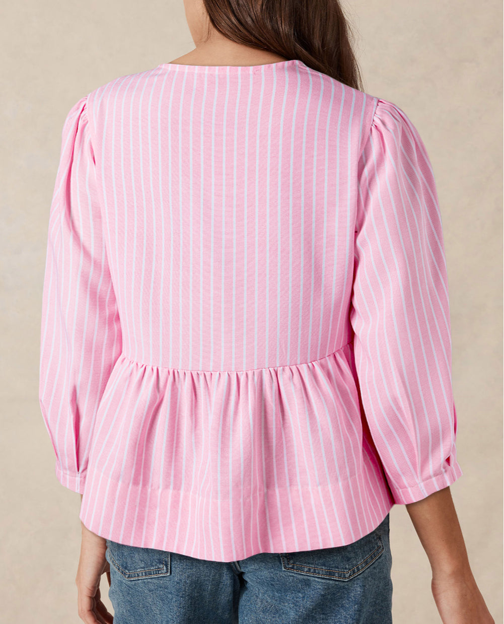 Stripe Bowknot Front Crew Neck Puff Sleeve Blouse