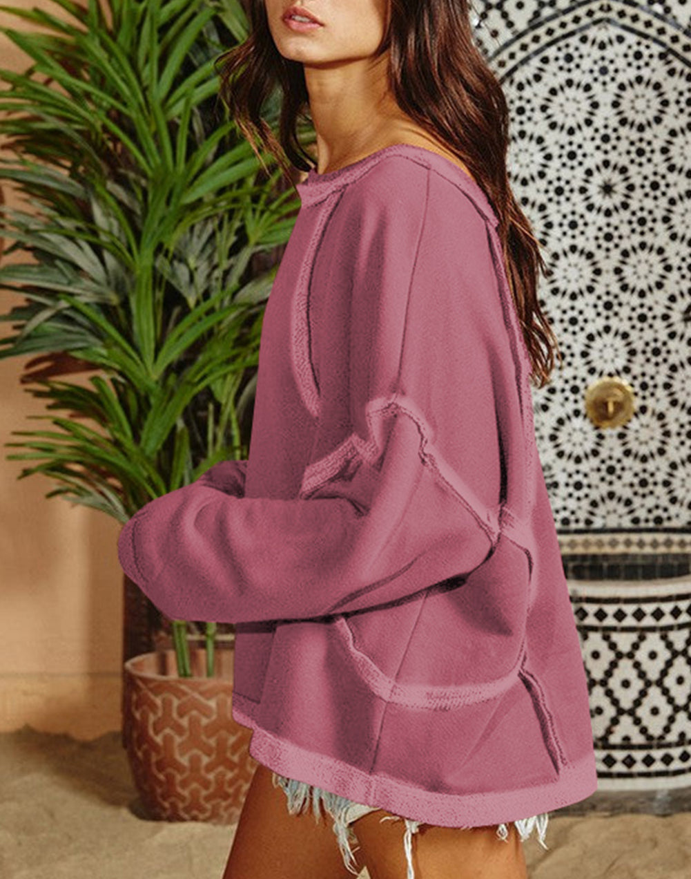 Exposed Seam Drop Shoulder Raw Hem Oversized Sweatshirt