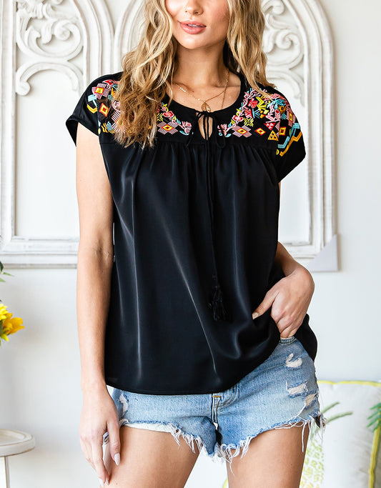 Geometric Floret Embroidered Short Sleeve Blouse
