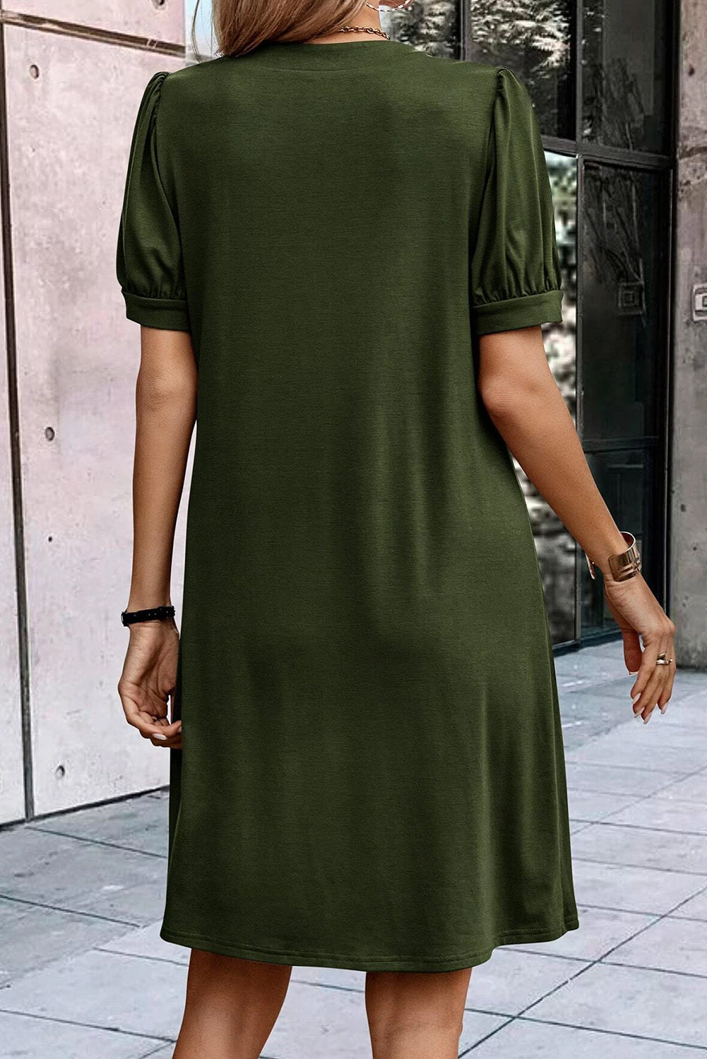 Notched Neck Pleated Puff Sleeve Shift T-shirt Dress