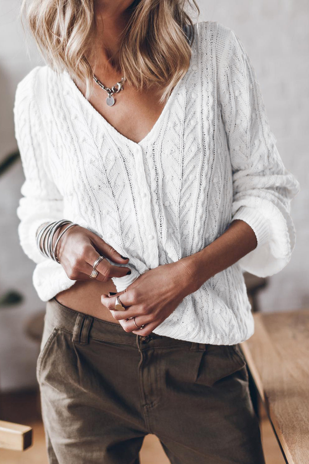 Solid Cable Knit V-Neck Puff Sleeve Cardigan