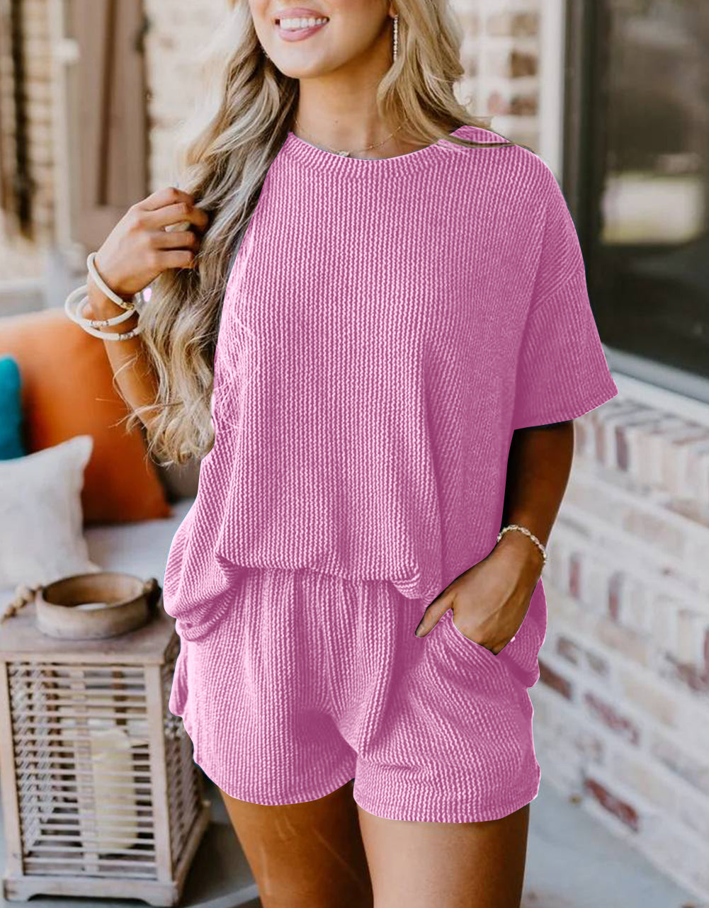Ribbed Textured Knit Loose Fit Tee and Shorts Set