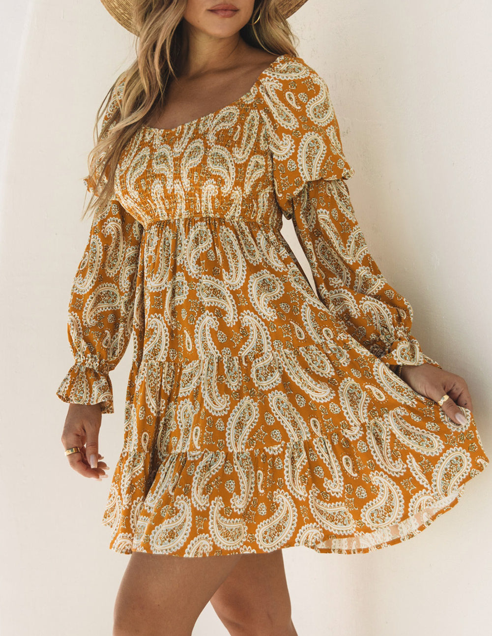Boho Paisley Long Sleeve Floral Dress