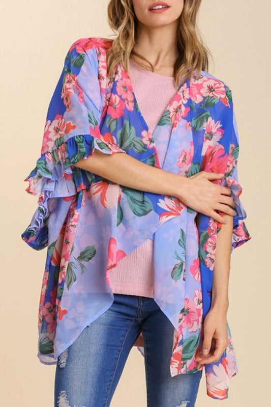 Blue Floral Print Ruffled 3/4 Sleeve Loose Fit Kimono
