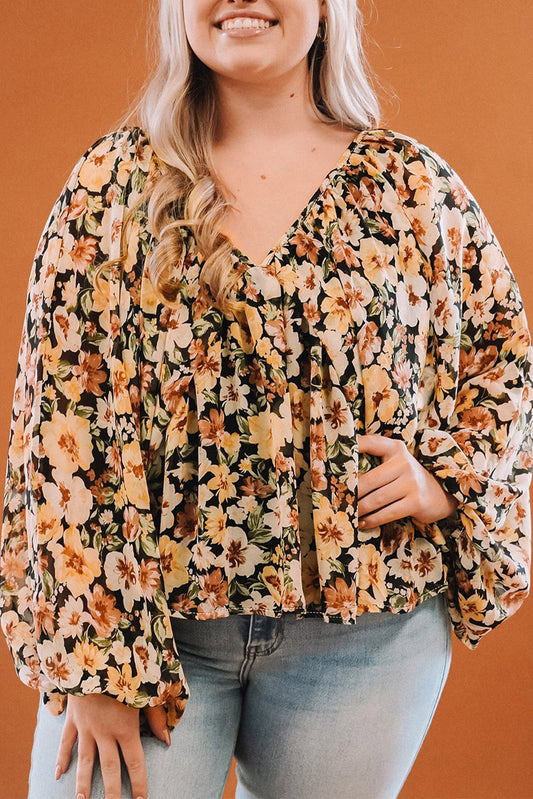 Plus Size Floral V-Neck Long Sleeve Blouse