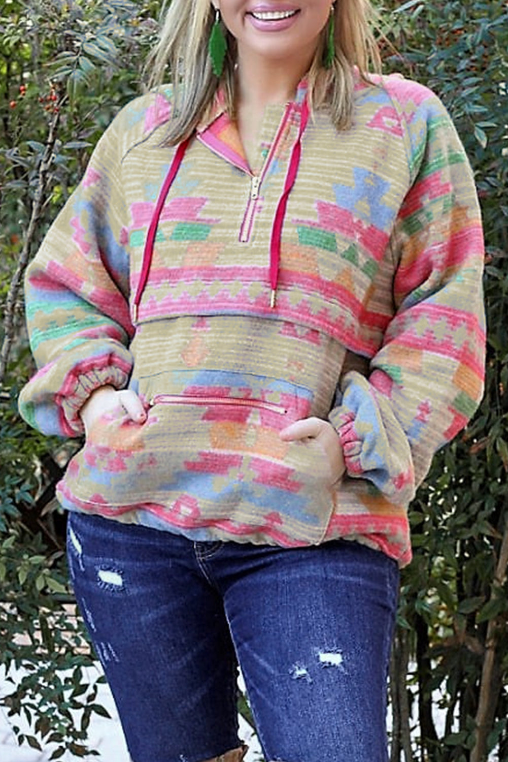 Plus Size Western Aztec Geometric Pattern Zip up Hoodie