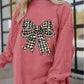 Checkered Bow Print Ribbed Crew Neck Pullover Sweatshirt