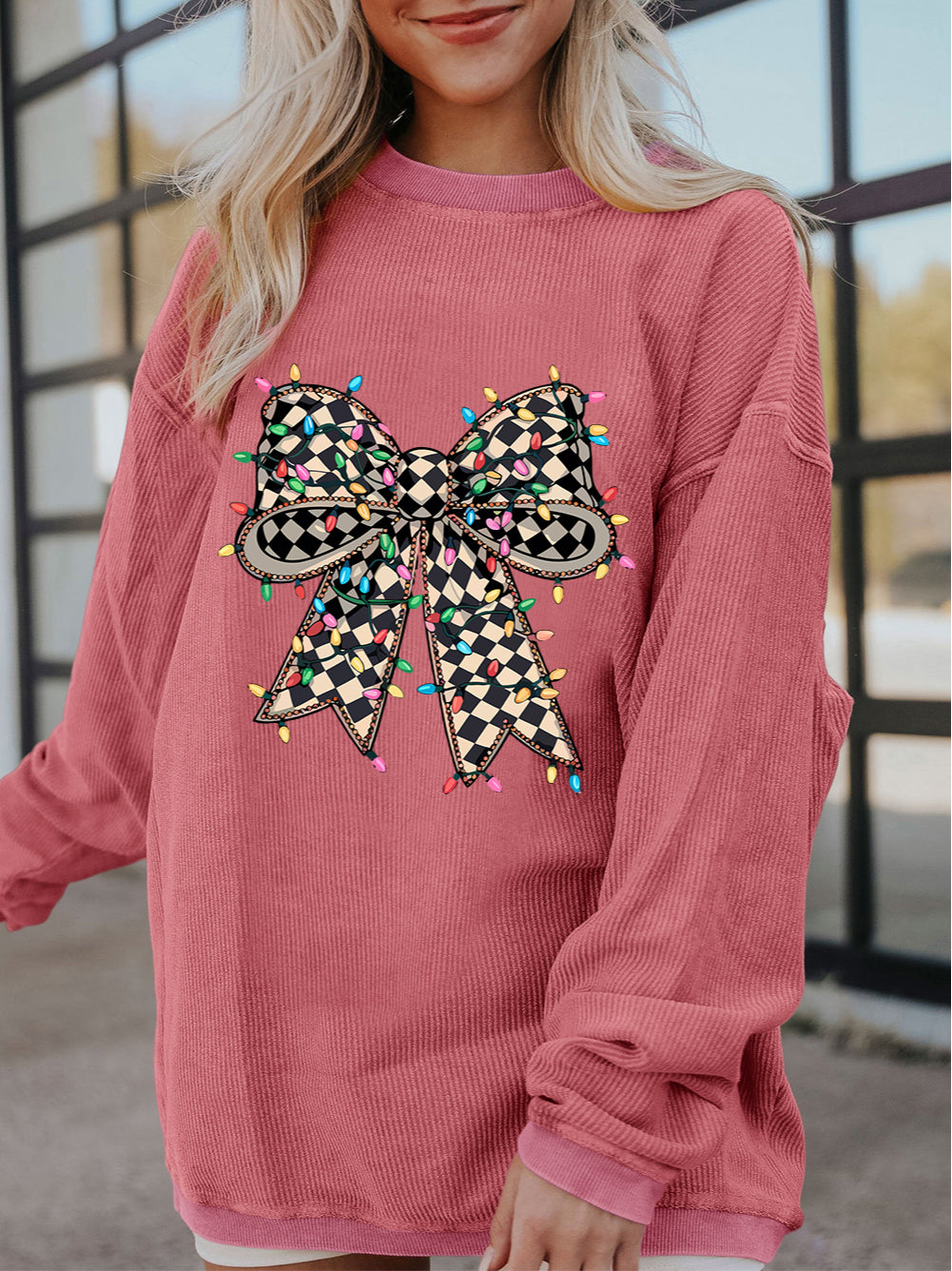 Checkered Bow Print Ribbed Crew Neck Pullover Sweatshirt