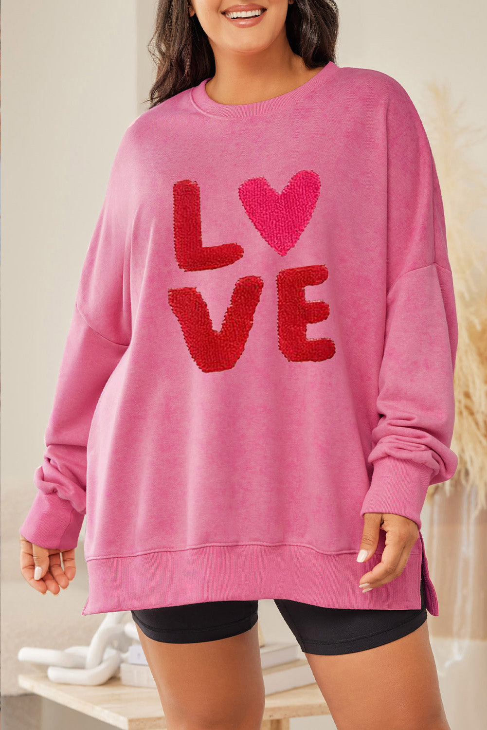 LOVE Letter Embroidered Graphic Split Curvy Sweatshirt