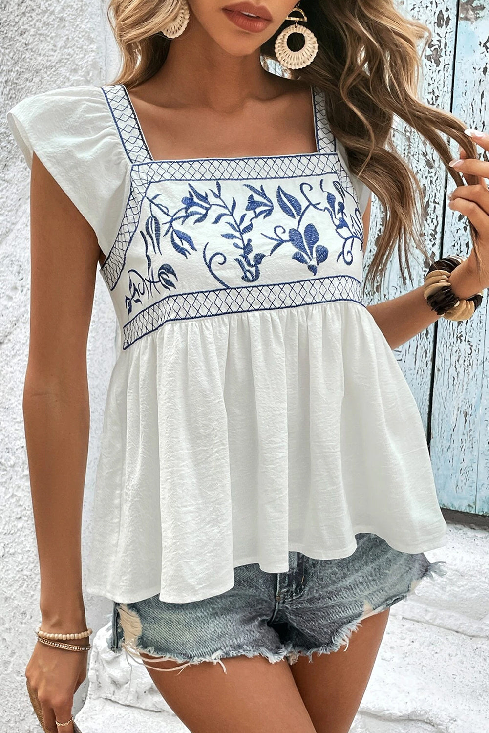 Embroidered Bust Square Neck Peplum Blouse