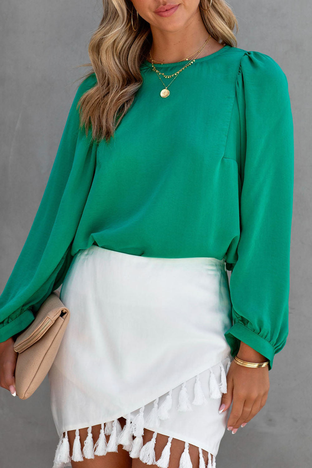 Satin Puff Long Sleeve Crewneck Blouse