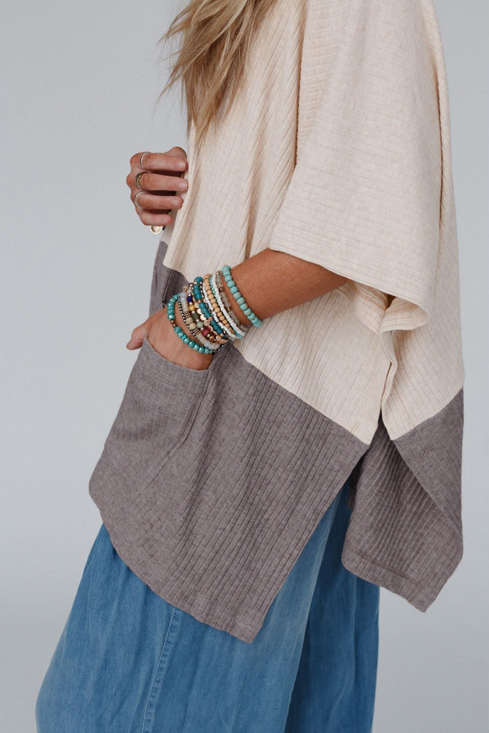 Color Block Ribbed Knit Split Side Poncho