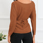 Lace-up Wrapped Split Hem Solid Long Sleeve Top