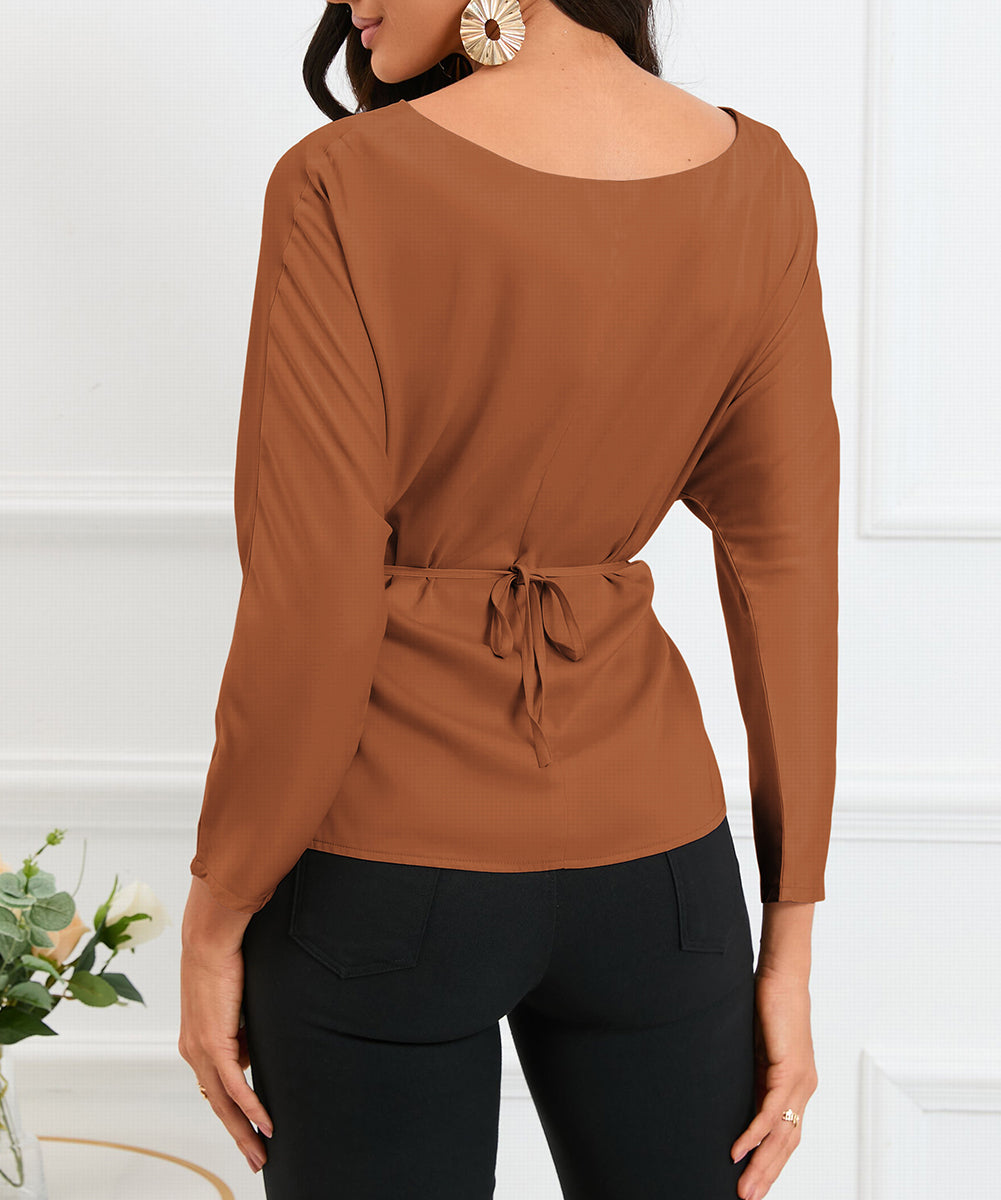 Lace-up Wrapped Split Hem Solid Long Sleeve Top