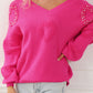 Pearl Embellished Fuzzy Hearts V Neck Sweater