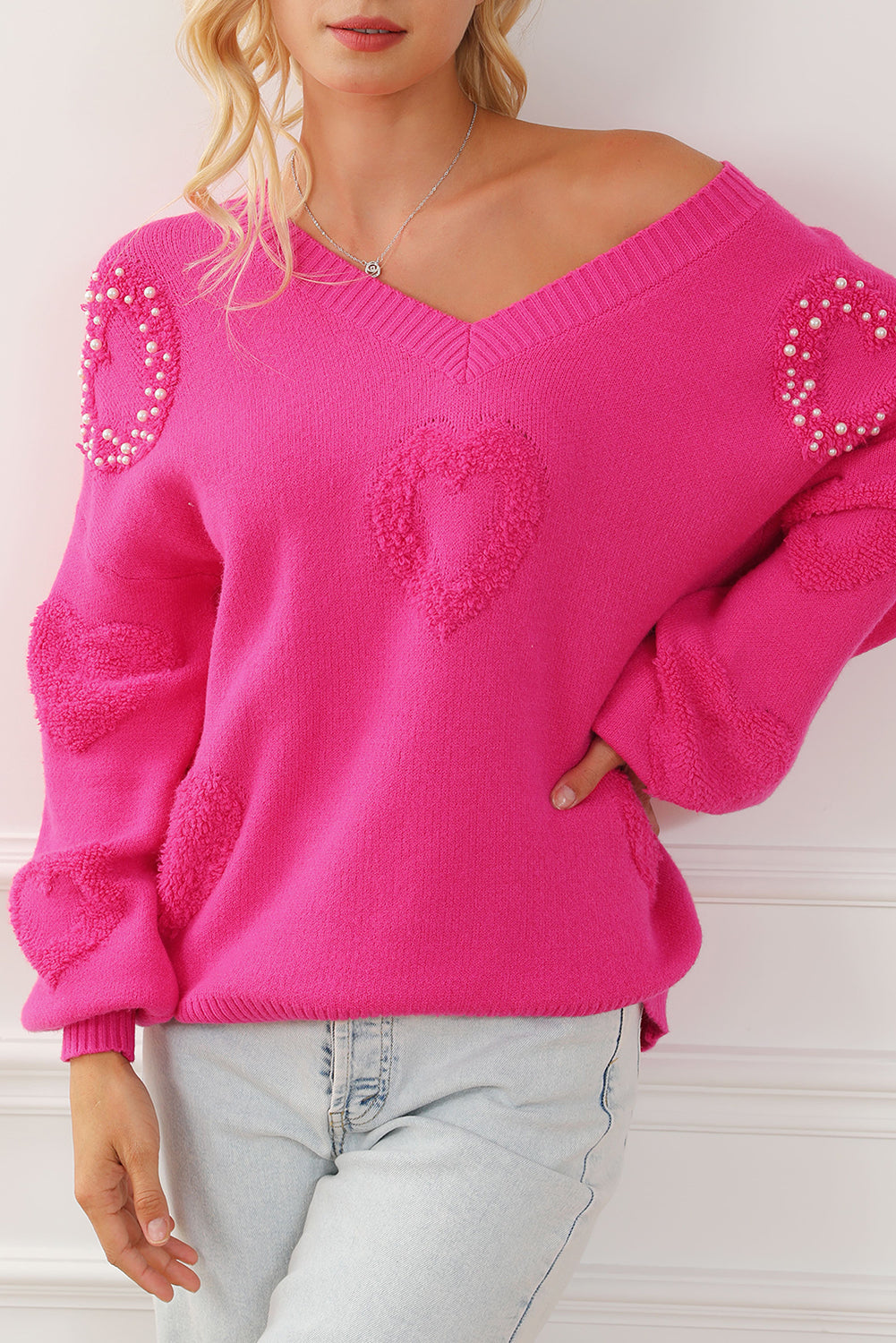 Pearl Embellished Fuzzy Hearts V Neck Sweater