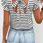 Stripe Butterfly Sleeve V Neck Hollowed Knot Back T Shirt