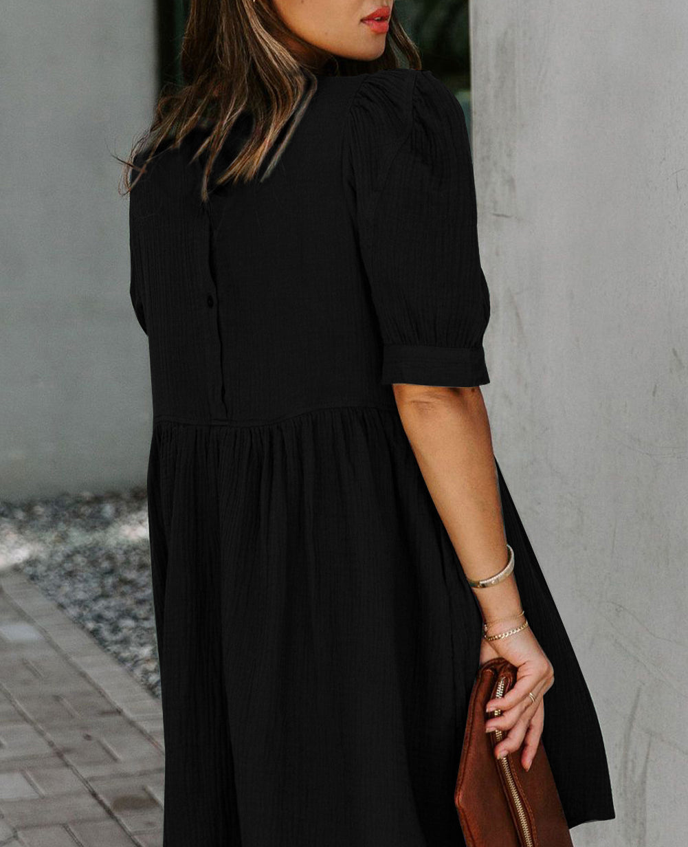 Pocketed Puff Sleeve Empire Waist Swing Short Dress