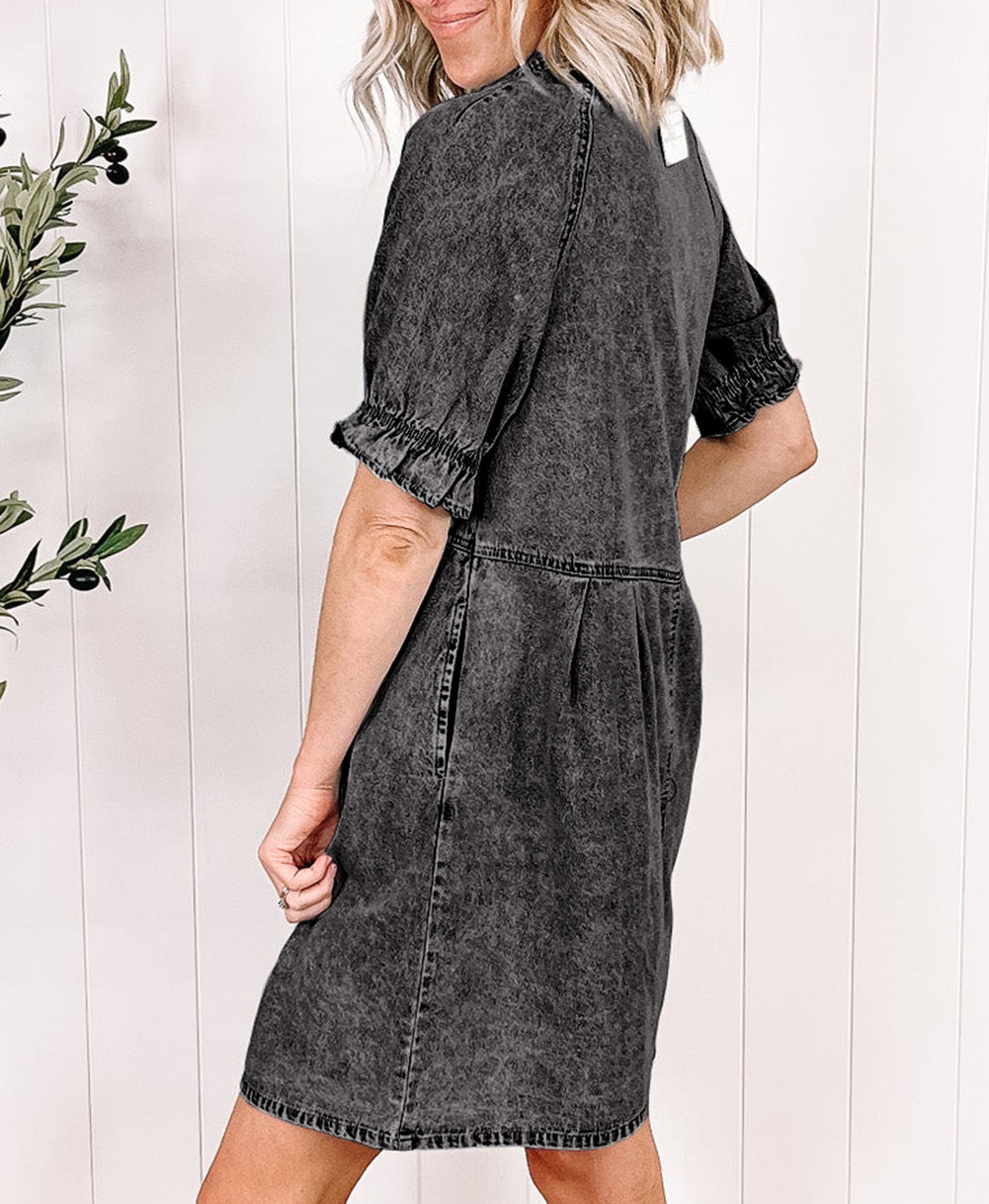 Mineral Wash Ruffled Short Sleeve Buttoned Denim Dress
