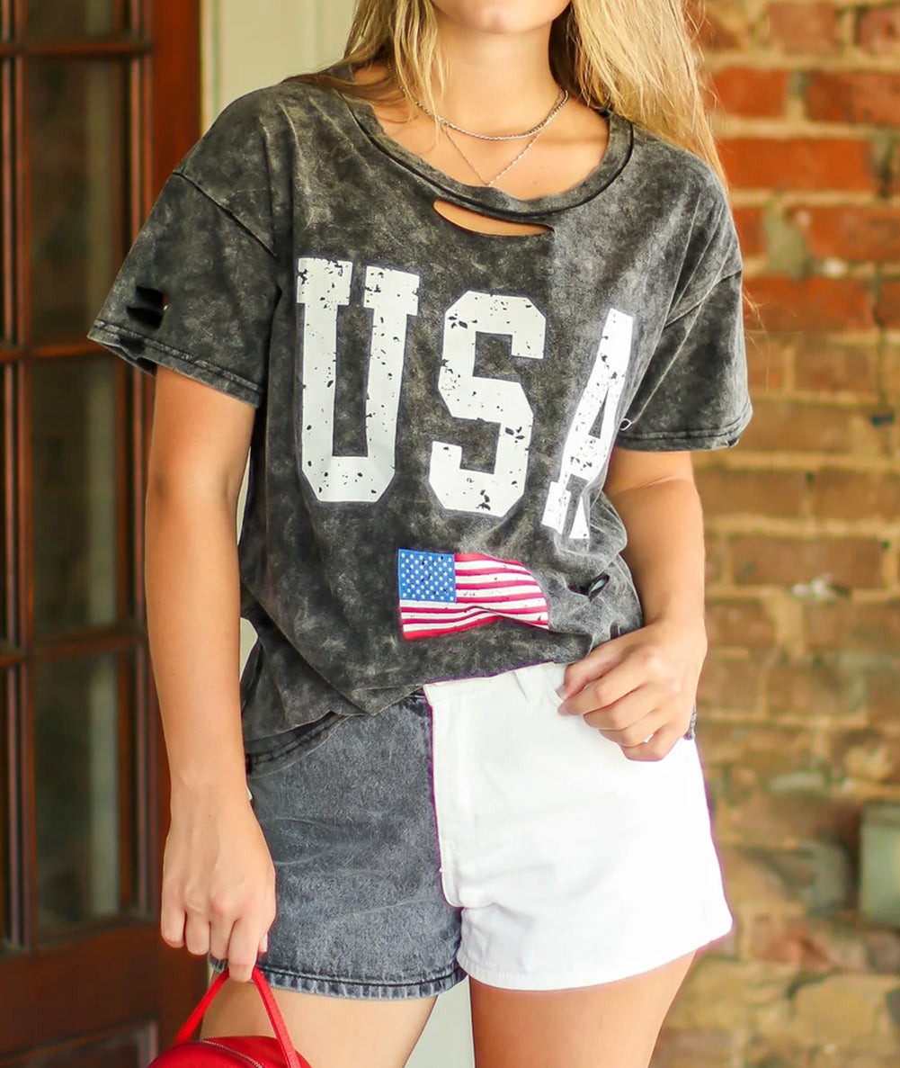 Black Distressed Tie-dye USA Flag Print T-shirt