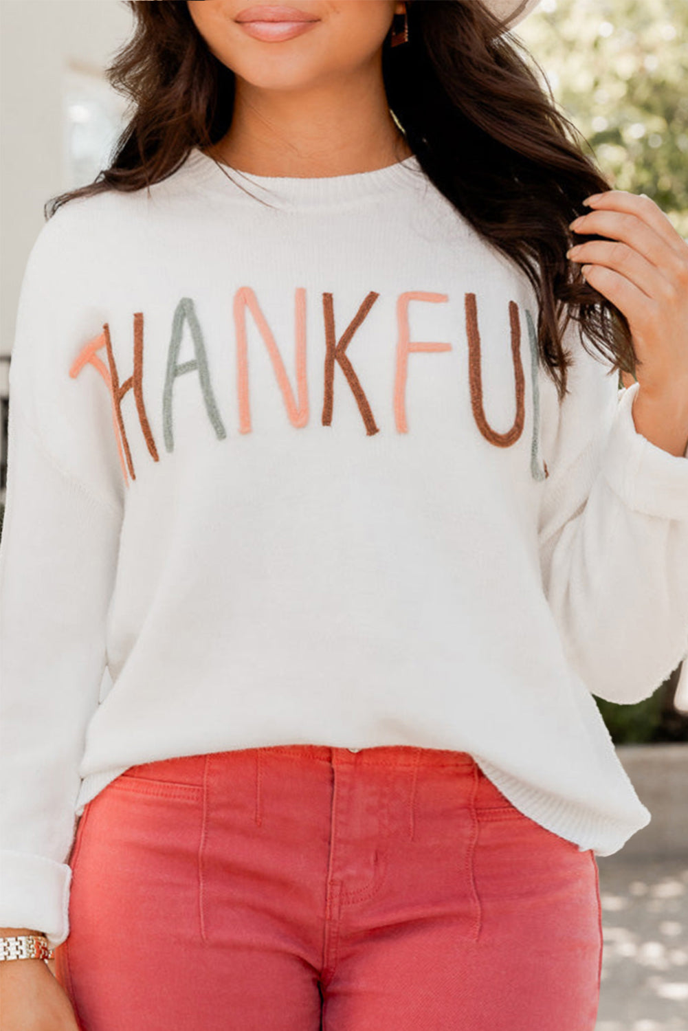 Plus Size Thankful Embroidered Sweater