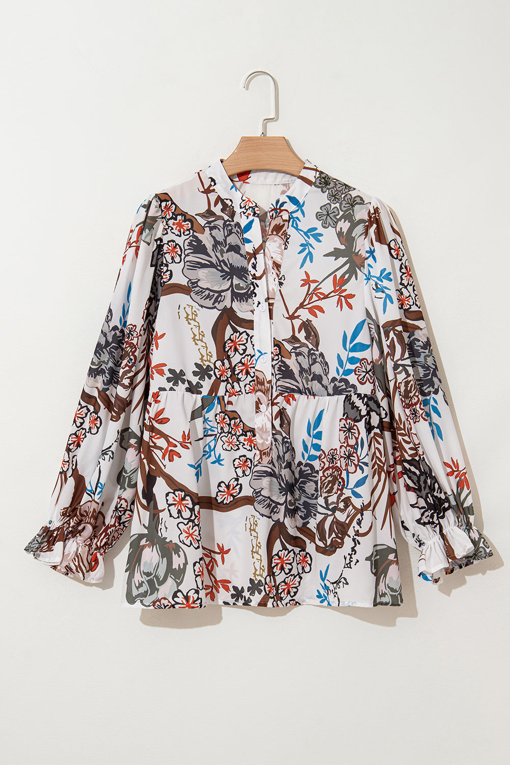 Floral Print Balloon Sleeves Button Up Loose Casual Shirt