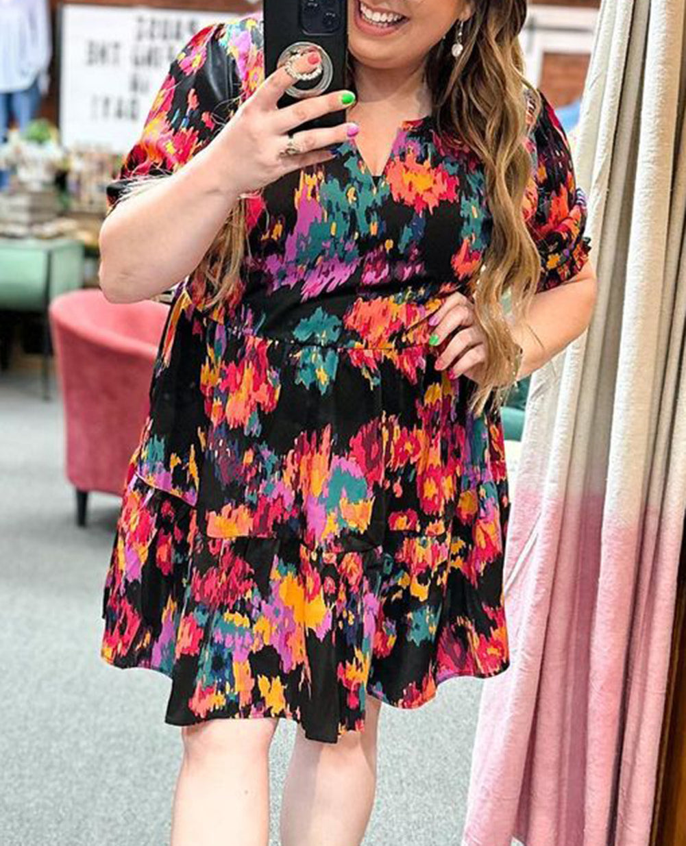 Abstract Print Split Neck Tiered Plus Size Dress