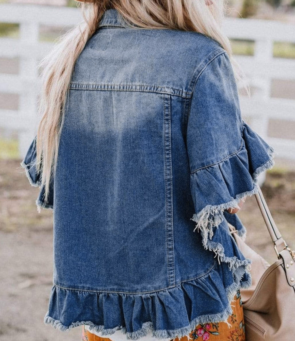 Raw Edge Ruffled Short Sleeve Denim Jacket