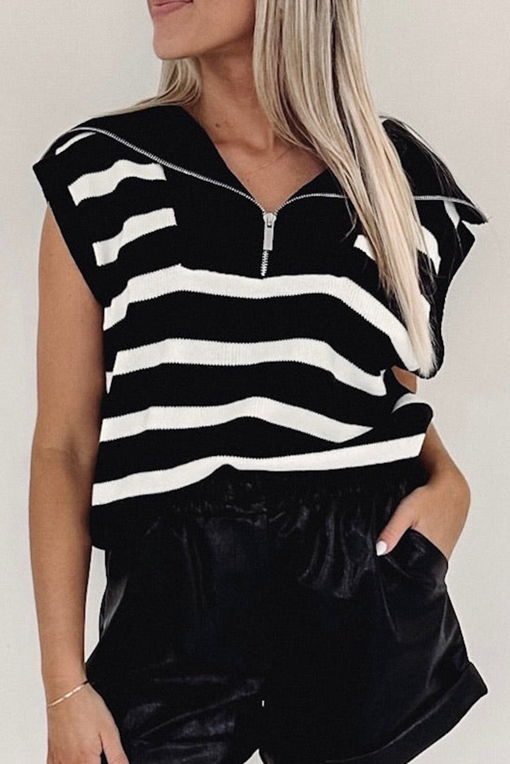 Stripe Zipped Collar Knit Sweater Tank