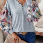 Floral Lantern Sleeve Patchwork Buttoned V Neck Top