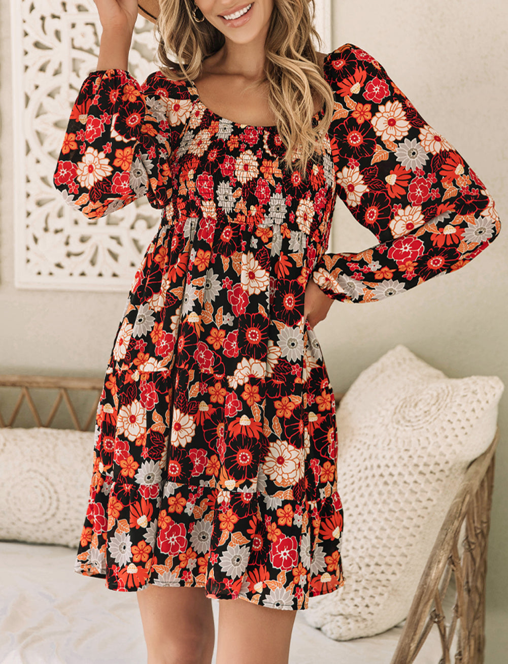 Smocked High Waist Long Sleeve Floral Dress