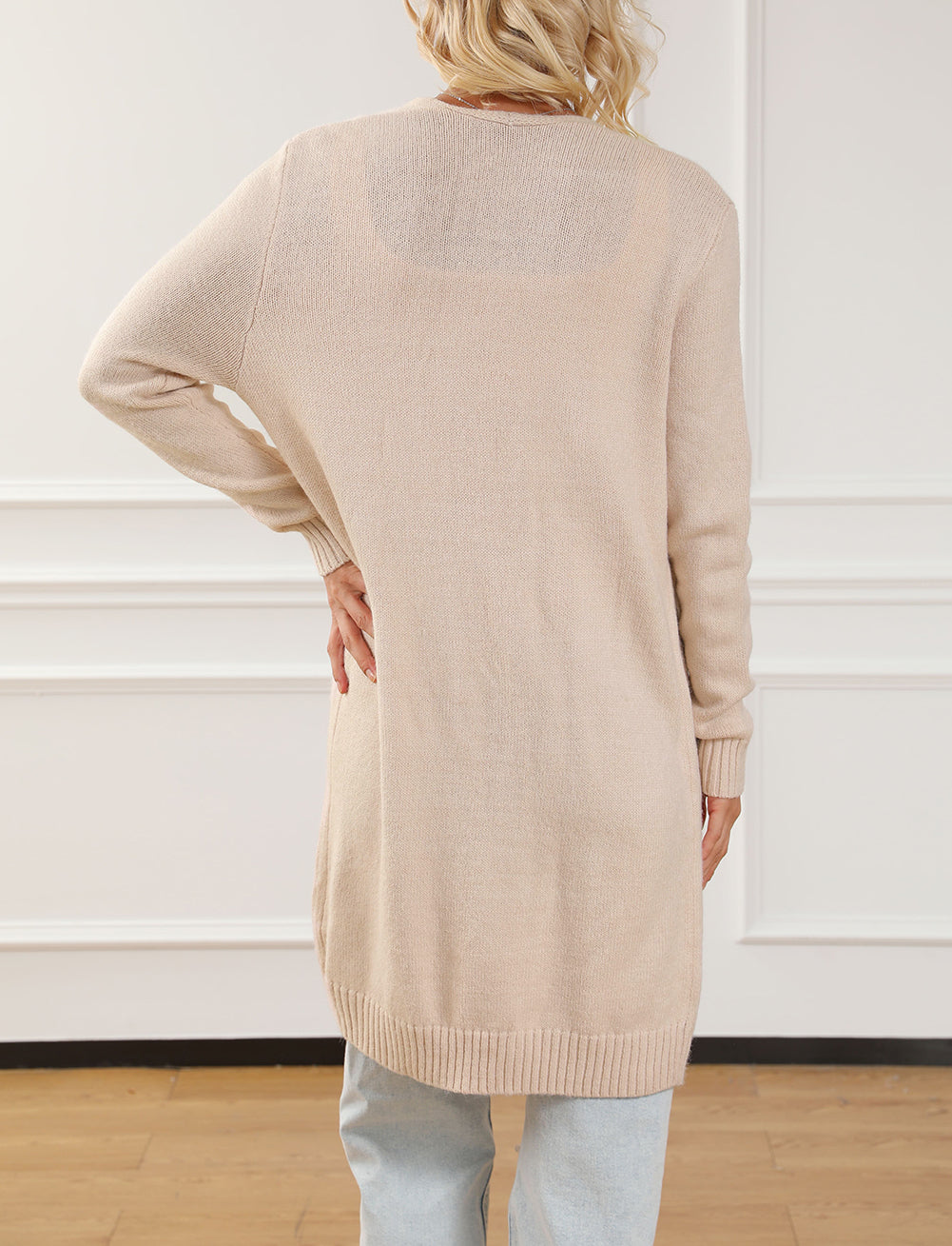 Ribbed Trim Pockets Open Front Midi Cardigan