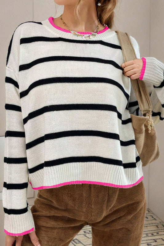 Stripe Color Contrast Drop Shoulder Crew Neck Sweater