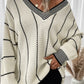 Colorblock Striped V Neck Knitted Loose Sweater