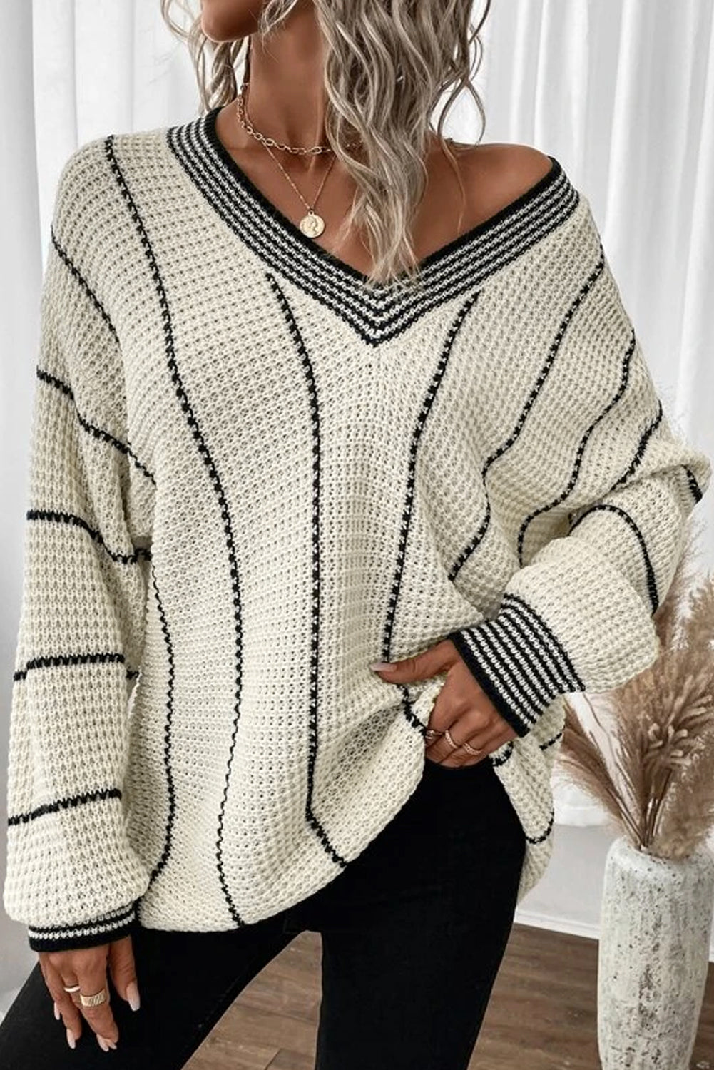 Colorblock Striped V Neck Knitted Loose Sweater