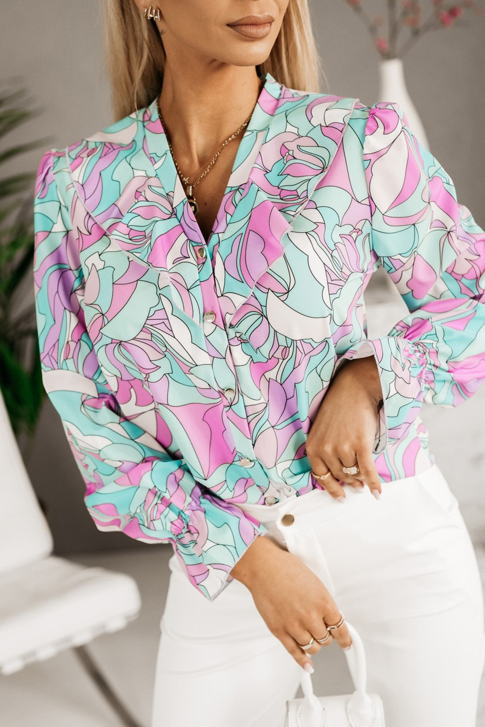 Floral Printed Ruffle Lapel V Neck Shirt